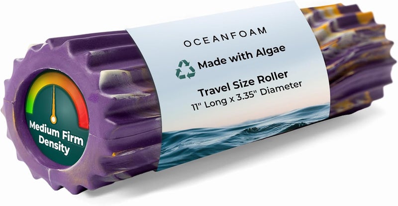 Oceanfoam Ripple Travel Foam Roller (11" x 3.35") Firm Mini Foam Roller for Physical Therapy, Deep Tissue Massage, Back Pain - High Density, Wave Textured - Yoga (Purple, Gold & Natural Marbled) - Image 1